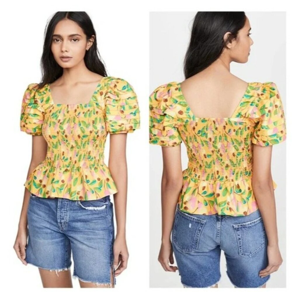 FARM Rio Yellow Pink Puff Sleeve Smocked Blouse